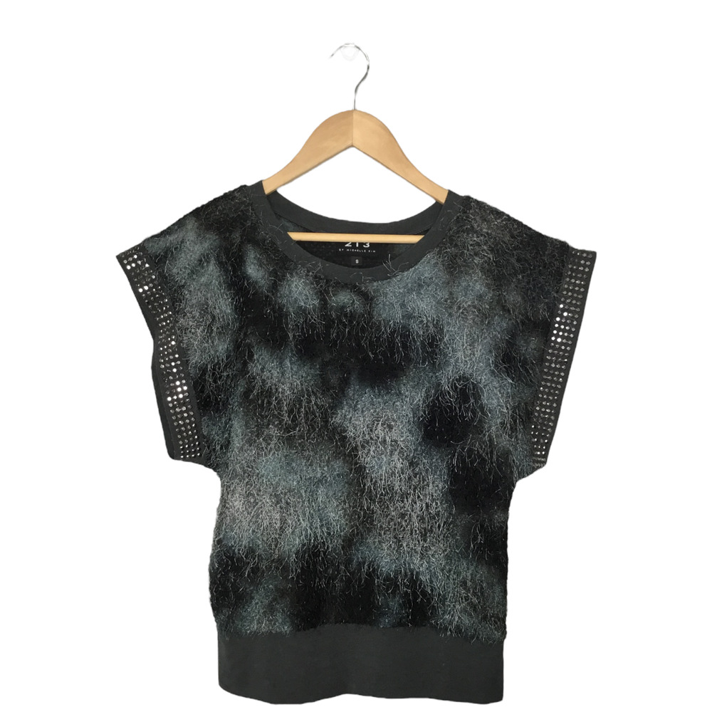 213 By Michelle Kim Studded Eyelash Short Sleeve Sweater Black Gray S